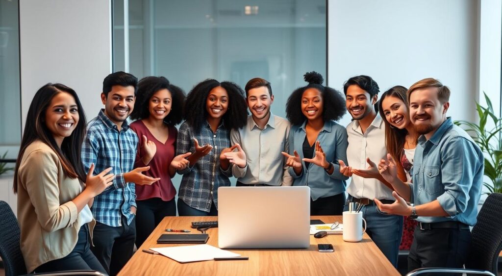 A well-lit, professional-looking image showcasing happy, diverse students sharing their success stories about an online design course. The foreground features several students in a variety of poses, smiling and gesturing animatedly as they share their experiences. The middle ground shows a stylish desktop setup with a laptop, design tools, and other course materials. The background offers a modern, minimalist office setting with clean lines, warm lighting, and subtle graphic design elements. The overall mood is one of positivity, achievement, and the transformative power of online education. A well-lit, professional-looking image showcasing happy, diverse students sharing their success stories about an online design course. The foreground features several students in a variety of poses, smiling and gesturing animatedly as they share their experiences. The middle ground shows a stylish desktop setup with a laptop, design tools, and other course materials. The background offers a modern, minimalist office setting with clean lines, warm lighting, and subtle graphic design elements. The overall mood is one of positivity, achievement, and the transformative power of online education.
