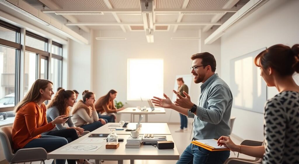 Aulas de design: an immersive classroom scene. A spacious, well-lit studio with modern, minimalist furniture and a large whiteboard. Students intently focused, sketching designs and experimenting with digital tools. Soft, natural lighting filters through large windows, casting a warm glow. In the foreground, a professor gestures animatedly, guiding the class through a hands-on design exercise. The atmosphere is one of creative energy and engaged learning. Seamless integration of theory and practice, encapsulating the essence of a professional design education. Aulas de design: an immersive classroom scene. A spacious, well-lit studio with modern, minimalist furniture and a large whiteboard. Students intently focused, sketching designs and experimenting with digital tools. Soft, natural lighting filters through large windows, casting a warm glow. In the foreground, a professor gestures animatedly, guiding the class through a hands-on design exercise. The atmosphere is one of creative energy and engaged learning. Seamless integration of theory and practice, encapsulating the essence of a professional design education.