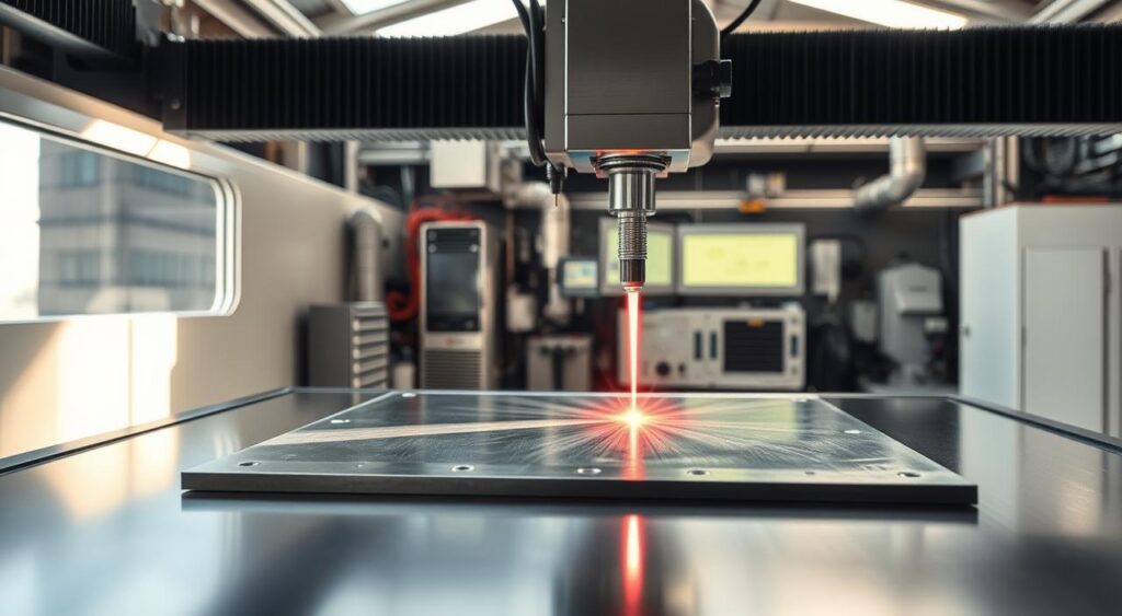 A cross-section of a laser cutting mechanism, illuminated by soft natural light from an overhead window. In the foreground, a precision-engineered metal sheet is positioned on a sleek, industrial worktable, its surface reflecting the intricate interplay of laser beam and materials. The middle ground reveals the inner workings - a focused beam of coherent light emanating from a high-powered laser source, precisely guided by a computer-controlled mirror system. In the background, an array of technical components, including cooling systems and control panels, hint at the complexity of this advanced manufacturing technology. The overall atmosphere conveys a sense of scientific exploration and technical mastery. A cross-section of a laser cutting mechanism, illuminated by soft natural light from an overhead window. In the foreground, a precision-engineered metal sheet is positioned on a sleek, industrial worktable, its surface reflecting the intricate interplay of laser beam and materials. The middle ground reveals the inner workings - a focused beam of coherent light emanating from a high-powered laser source, precisely guided by a computer-controlled mirror system. In the background, an array of technical components, including cooling systems and control panels, hint at the complexity of this advanced manufacturing technology. The overall atmosphere conveys a sense of scientific exploration and technical mastery.
