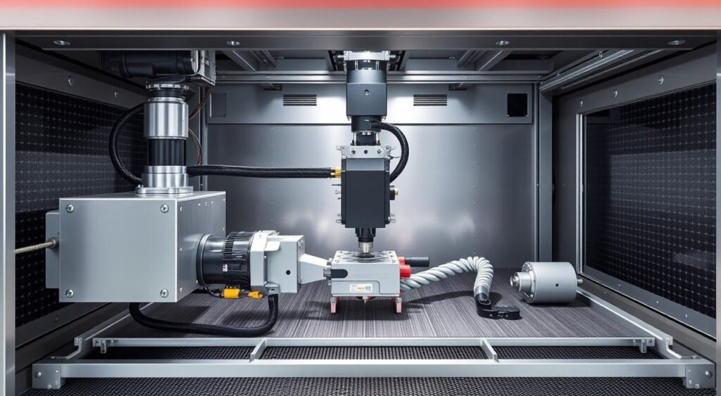 A detailed cross-section view of the key components inside a professional-grade CNC laser machine. The foreground shows the laser assembly with a high-powered CO2 laser, collimating optics, and precision beam delivery system. In the middle ground, the computer-controlled XY gantry and Z-axis positioning mechanisms are visible, along with the motorized spindle and cooling system. The background depicts the enclosed work area with a sturdy metal frame, tempered glass safety panels, and exhaust vents for efficient fume extraction. The lighting is bright and even, highlighting the intricate engineering and technical sophistication of this versatile manufacturing tool. A detailed cross-section view of the key components inside a professional-grade CNC laser machine. The foreground shows the laser assembly with a high-powered CO2 laser, collimating optics, and precision beam delivery system. In the middle ground, the computer-controlled XY gantry and Z-axis positioning mechanisms are visible, along with the motorized spindle and cooling system. The background depicts the enclosed work area with a sturdy metal frame, tempered glass safety panels, and exhaust vents for efficient fume extraction. The lighting is bright and even, highlighting the intricate engineering and technical sophistication of this versatile manufacturing tool.