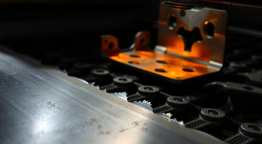 A detailed scene depicting common issues in laser cutting processes. In the foreground, a jagged edge on a metal sheet, indicative of improper laser focus or power settings. In the middle ground, a partially cut piece with burn marks, showcasing overheating or material mismatch problems. In the background, a warped, distorted metal part, illustrating the effects of thermal distortion. The lighting is harsh, casting strong shadows to accentuate the flaws. The overall mood is one of technical precision gone awry, with a sense of industrial grit and imperfection. The camera angle is slightly elevated, providing an overview of the laser cutting workspace. A detailed scene depicting common issues in laser cutting processes. In the foreground, a jagged edge on a metal sheet, indicative of improper laser focus or power settings. In the middle ground, a partially cut piece with burn marks, showcasing overheating or material mismatch problems. In the background, a warped, distorted metal part, illustrating the effects of thermal distortion. The lighting is harsh, casting strong shadows to accentuate the flaws. The overall mood is one of technical precision gone awry, with a sense of industrial grit and imperfection. The camera angle is slightly elevated, providing an overview of the laser cutting workspace.