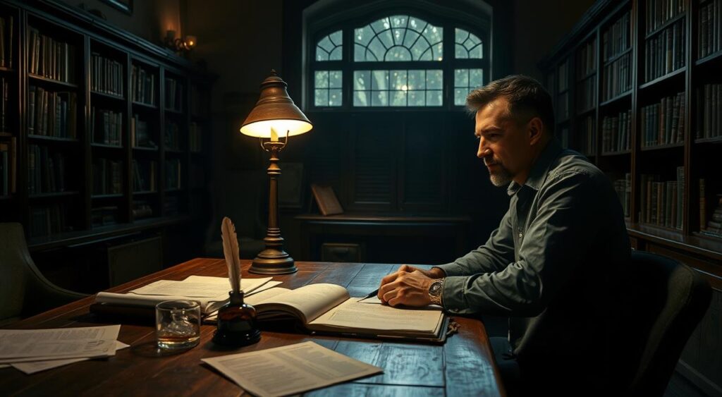 A dimly lit study, bookshelves lining the walls, casting shadows that suggest hidden knowledge. In the center, a large oak desk, papers scattered across its surface, a quill and ink bottle resting beside an open journal. On the desktop, an old-fashioned brass lamp casts a warm glow, illuminating the thoughtful expression of a writer absorbed in their craft. The scene evokes a sense of concentrated focus, the mental triggers that drive persuasive writing, the "gatilhos mentais" that captivate the reader's imagination. A dimly lit study, bookshelves lining the walls, casting shadows that suggest hidden knowledge. In the center, a large oak desk, papers scattered across its surface, a quill and ink bottle resting beside an open journal. On the desktop, an old-fashioned brass lamp casts a warm glow, illuminating the thoughtful expression of a writer absorbed in their craft. The scene evokes a sense of concentrated focus, the mental triggers that drive persuasive writing, the "gatilhos mentais" that captivate the reader's imagination.