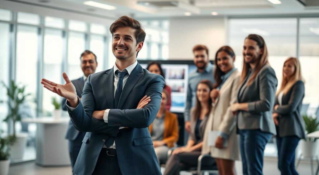 A diverse group of personas, representing the target audience, stand in a modern, well-lit office setting. In the foreground, a young professional in business attire gestures animatedly, engaging with a team of colleagues from varying backgrounds and age groups. The middle ground features a mix of seated and standing individuals, their expressions ranging from thoughtful to enthusiastic, as they collaborate on a project displayed on a large screen. The background is softly blurred, creating a sense of depth and focus on the central figures. The overall atmosphere conveys a productive, collaborative environment where the needs and perspectives of the target audience are considered. A diverse group of personas, representing the target audience, stand in a modern, well-lit office setting. In the foreground, a young professional in business attire gestures animatedly, engaging with a team of colleagues from varying backgrounds and age groups. The middle ground features a mix of seated and standing individuals, their expressions ranging from thoughtful to enthusiastic, as they collaborate on a project displayed on a large screen. The background is softly blurred, creating a sense of depth and focus on the central figures. The overall atmosphere conveys a productive, collaborative environment where the needs and perspectives of the target audience are considered.