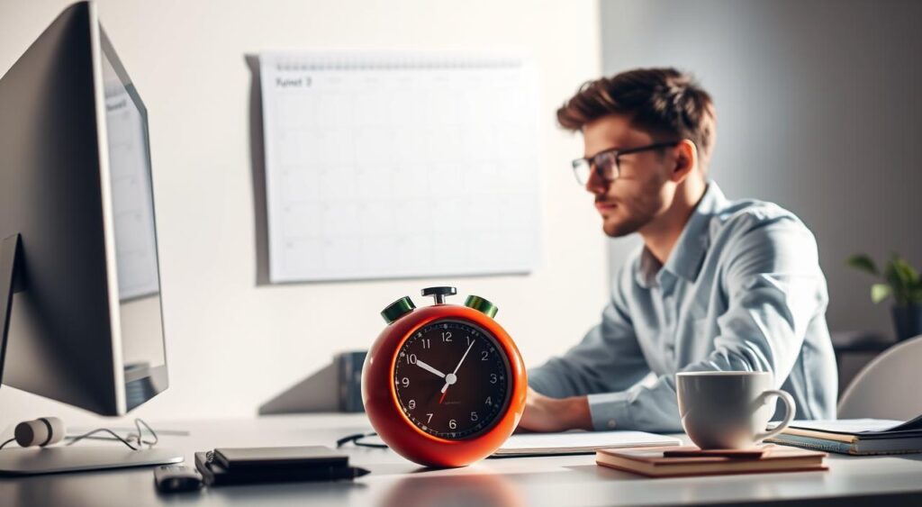 A focused young professional working at a minimalist desk, with a computer, a notebook, and a steaming cup of coffee. The lighting is soft and natural, creating a calm and focused atmosphere. In the background, a large wall calendar is visible, subtly suggesting the importance of time management. The Pomodoro technique timer on the desk, with its iconic tomato-shaped design, is the central focus, symbolizing the productivity-boosting method. The overall scene radiates an aura of organization, efficiency, and a dedication to maximizing productivity. A focused young professional working at a minimalist desk, with a computer, a notebook, and a steaming cup of coffee. The lighting is soft and natural, creating a calm and focused atmosphere. In the background, a large wall calendar is visible, subtly suggesting the importance of time management. The Pomodoro technique timer on the desk, with its iconic tomato-shaped design, is the central focus, symbolizing the productivity-boosting method. The overall scene radiates an aura of organization, efficiency, and a dedication to maximizing productivity.