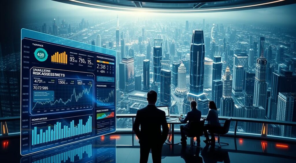 A high-contrast, cinematic digital landscape depicting the analysis of risks and opportunities in the digital market. The foreground features a holographic dashboard displaying risk assessment metrics, financial data, and market trends. In the middle ground, a team of analysts in a futuristic control room intently studying the dashboard. The background shows a sprawling metropolis of gleaming skyscrapers and pulsing data networks, conveying the scale and complexity of the digital economy. The lighting is dramatic, with bold shadows and highlights, creating a sense of gravity and import. The overall mood is one of thoughtful contemplation and strategic decision-making. A high-contrast, cinematic digital landscape depicting the analysis of risks and opportunities in the digital market. The foreground features a holographic dashboard displaying risk assessment metrics, financial data, and market trends. In the middle ground, a team of analysts in a futuristic control room intently studying the dashboard. The background shows a sprawling metropolis of gleaming skyscrapers and pulsing data networks, conveying the scale and complexity of the digital economy. The lighting is dramatic, with bold shadows and highlights, creating a sense of gravity and import. The overall mood is one of thoughtful contemplation and strategic decision-making.