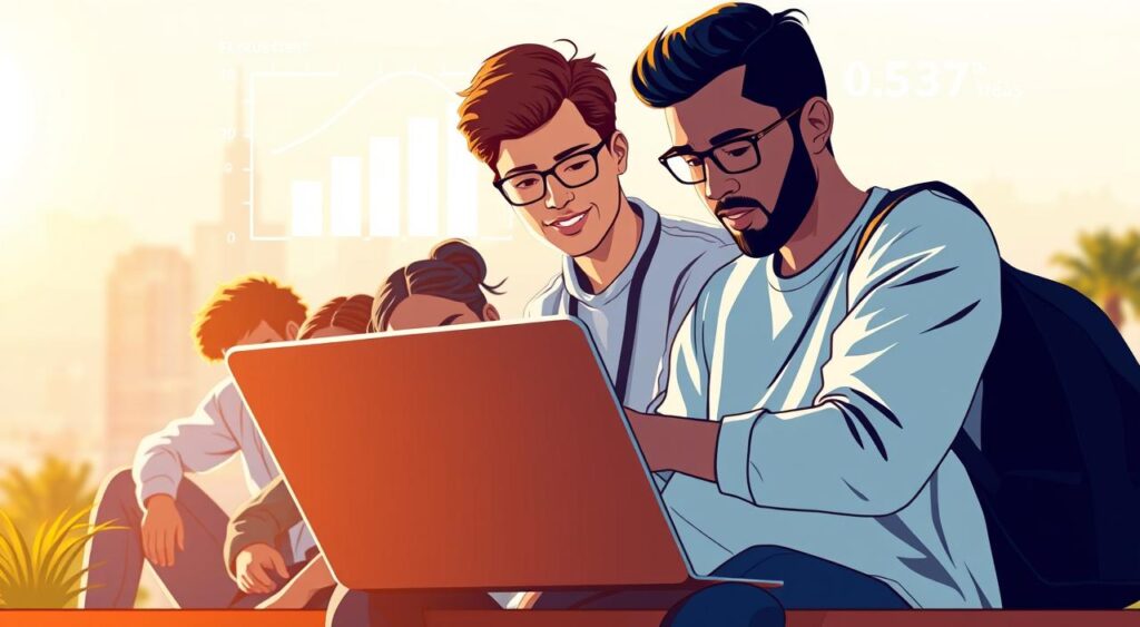 A modern and minimalist illustration showcasing the concept of "financiamento educação IA" (AI Education Financing). In the foreground, a diverse group of students huddle around a sleek, futuristic laptop, deep in concentration. Behind them, a stylized graphic depicting a bar chart or infographic related to educational funding and costs. The background features a softly blurred cityscape, hinting at the urban landscape and the potential real-world applications of this technological advancement. The overall scene radiates a sense of opportunity, progress, and accessibility, conveying the idea of affordable and accessible AI education. Warm, natural lighting casts a gentle glow, creating a welcoming and inviting atmosphere. A modern and minimalist illustration showcasing the concept of "financiamento educação IA" (AI Education Financing). In the foreground, a diverse group of students huddle around a sleek, futuristic laptop, deep in concentration. Behind them, a stylized graphic depicting a bar chart or infographic related to educational funding and costs. The background features a softly blurred cityscape, hinting at the urban landscape and the potential real-world applications of this technological advancement. The overall scene radiates a sense of opportunity, progress, and accessibility, conveying the idea of affordable and accessible AI education. Warm, natural lighting casts a gentle glow, creating a welcoming and inviting atmosphere.