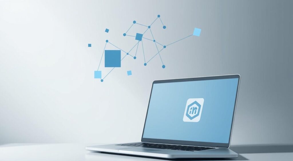 A modern, minimalist digital branding strategy illustration. In the foreground, a sleek, brushed-metal laptop displays a stylized digital logo against a soft, gradient background. Floating above the laptop, geometric shapes and lines in various shades of blue and gray convey the idea of a digital, interconnected ecosystem. In the middle ground, a subtle grid pattern and abstract, low-polygon shapes suggest the online environment. The background is filled with a gradient of cool, muted tones, creating a sense of depth and emphasizing the digital theme. Soft, directional lighting from the left casts subtle shadows, adding depth and dimensionality to the composition. The overall mood is one of professionalism, sophistication, and the power of a strong digital brand presence. A modern, minimalist digital branding strategy illustration. In the foreground, a sleek, brushed-metal laptop displays a stylized digital logo against a soft, gradient background. Floating above the laptop, geometric shapes and lines in various shades of blue and gray convey the idea of a digital, interconnected ecosystem. In the middle ground, a subtle grid pattern and abstract, low-polygon shapes suggest the online environment. The background is filled with a gradient of cool, muted tones, creating a sense of depth and emphasizing the digital theme. Soft, directional lighting from the left casts subtle shadows, adding depth and dimensionality to the composition. The overall mood is one of professionalism, sophistication, and the power of a strong digital brand presence.