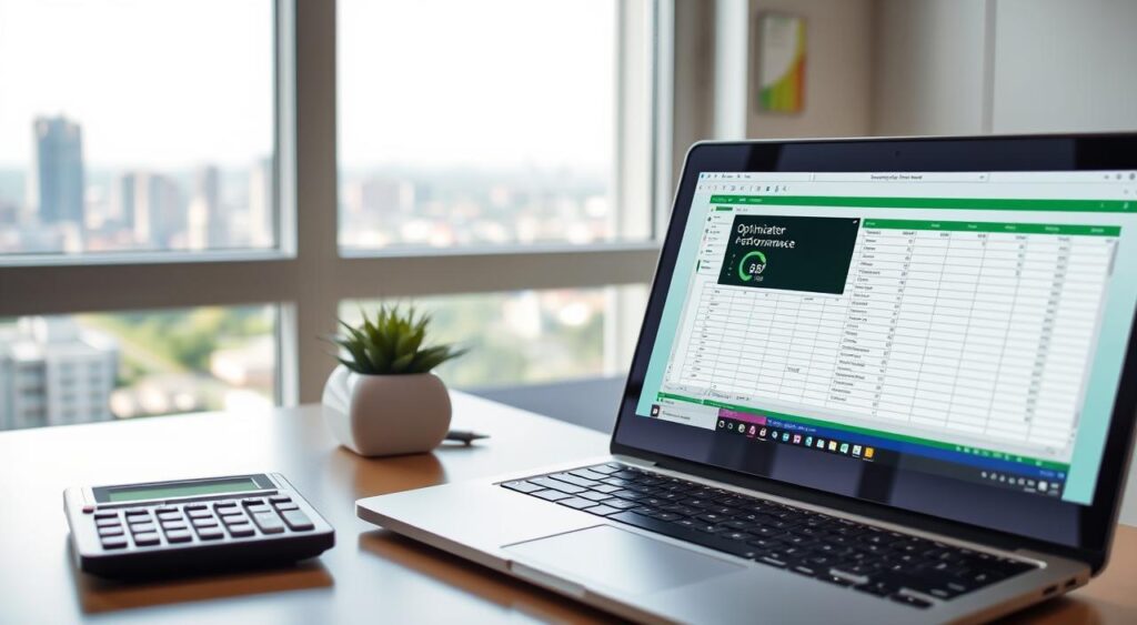 A neatly organized office workspace with a laptop computer, a calculator, and a large Excel spreadsheet open on the screen. The lighting is soft and natural, creating a calm and focused atmosphere. The laptop's screen displays a slowing performance indicator, suggesting the need for optimization. In the background, a window overlooking a serene city landscape provides a soothing contrast. The overall scene conveys the challenge of managing a heavy Excel workload and the desire to streamline the process for a more efficient workflow. A neatly organized office workspace with a laptop computer, a calculator, and a large Excel spreadsheet open on the screen. The lighting is soft and natural, creating a calm and focused atmosphere. The laptop's screen displays a slowing performance indicator, suggesting the need for optimization. In the background, a window overlooking a serene city landscape provides a soothing contrast. The overall scene conveys the challenge of managing a heavy Excel workload and the desire to streamline the process for a more efficient workflow.