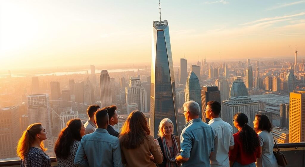 A panoramic cityscape bathed in a warm, golden glow. In the foreground, a group of diverse individuals are engaged in animated discussions, their body language and facial expressions conveying a sense of collaboration and idea-sharing. The middle ground features a towering, futuristic skyscraper, its sleek, glass facade reflecting the city's skyline. In the background, a network of interconnected digital infrastructure weaves through the urban landscape, symbolizing the integration of technology and everyday life. The overall atmosphere exudes a sense of progress, innovation, and the transformative power of digital transformation. A panoramic cityscape bathed in a warm, golden glow. In the foreground, a group of diverse individuals are engaged in animated discussions, their body language and facial expressions conveying a sense of collaboration and idea-sharing. The middle ground features a towering, futuristic skyscraper, its sleek, glass facade reflecting the city's skyline. In the background, a network of interconnected digital infrastructure weaves through the urban landscape, symbolizing the integration of technology and everyday life. The overall atmosphere exudes a sense of progress, innovation, and the transformative power of digital transformation.