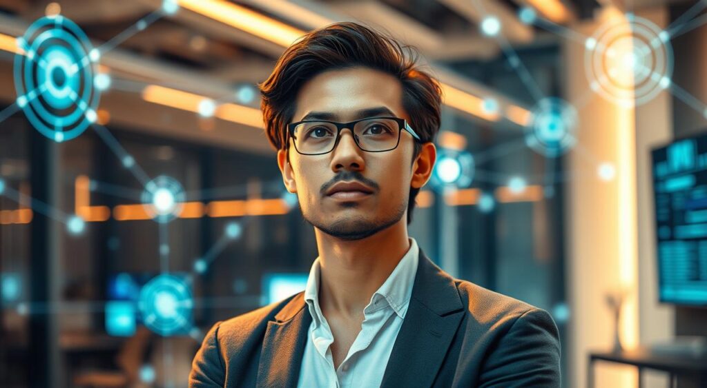 A professional in the field of artificial intelligence stands confidently, surrounded by a futuristic landscape of interconnected digital networks and holographic displays. Warm, natural lighting highlights the individual's focused expression, conveying a sense of deep contemplation and intellectual engagement. In the background, a sleek, minimalist office environment speaks to the cutting-edge nature of the AI industry. The composition emphasizes the individual's centrality to the advancements in the field, suggesting the expansive professional growth and opportunities available within the realm of artificial intelligence. A professional in the field of artificial intelligence stands confidently, surrounded by a futuristic landscape of interconnected digital networks and holographic displays. Warm, natural lighting highlights the individual's focused expression, conveying a sense of deep contemplation and intellectual engagement. In the background, a sleek, minimalist office environment speaks to the cutting-edge nature of the AI industry. The composition emphasizes the individual's centrality to the advancements in the field, suggesting the expansive professional growth and opportunities available within the realm of artificial intelligence.