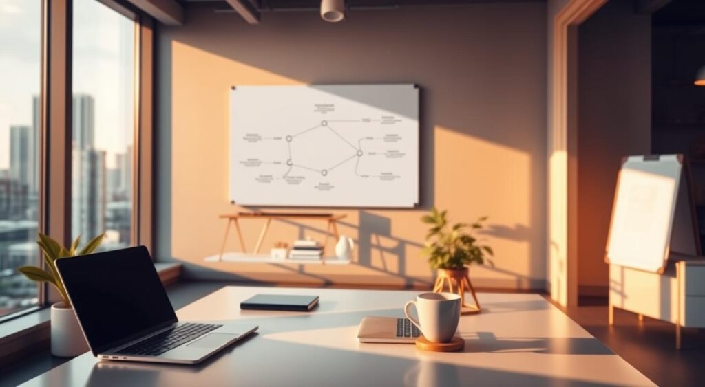 A serene and modern office setting, bathed in warm natural light. In the foreground, a stylish desk with a laptop, coffee mug, and a few strategically placed office supplies, suggesting a focused and productive workspace. In the middle ground, a whiteboard or digital display presenting a visual roadmap or strategy diagram, with clean geometric shapes and minimal text. The background features large windows overlooking a vibrant cityscape, hinting at the potential for growth and expansion. The overall mood is one of clarity, organization, and a sense of direction, reflecting the theme of "scaling a digital business with strategy". A serene and modern office setting, bathed in warm natural light. In the foreground, a stylish desk with a laptop, coffee mug, and a few strategically placed office supplies, suggesting a focused and productive workspace. In the middle ground, a whiteboard or digital display presenting a visual roadmap or strategy diagram, with clean geometric shapes and minimal text. The background features large windows overlooking a vibrant cityscape, hinting at the potential for growth and expansion. The overall mood is one of clarity, organization, and a sense of direction, reflecting the theme of "scaling a digital business with strategy".