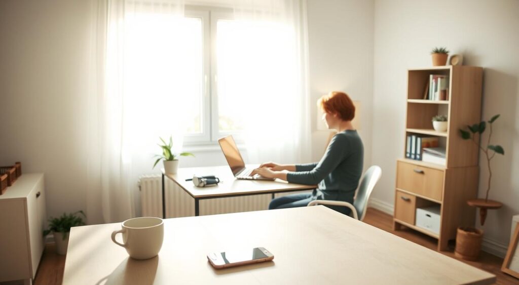 A serene morning scene in a cozy home, with a person sitting at a desk, laptop and a cup of coffee nearby. The person is focused, avoiding the temptation of a smartphone on the desk, and engaged in productive work. Soft natural light filters through the window, creating a warm and inviting atmosphere. The room is uncluttered, with a minimalist decor that promotes a sense of calm and efficiency. The overall composition emphasizes the importance of creating a distraction-free environment to kickstart a productive daily routine. A serene morning scene in a cozy home, with a person sitting at a desk, laptop and a cup of coffee nearby. The person is focused, avoiding the temptation of a smartphone on the desk, and engaged in productive work. Soft natural light filters through the window, creating a warm and inviting atmosphere. The room is uncluttered, with a minimalist decor that promotes a sense of calm and efficiency. The overall composition emphasizes the importance of creating a distraction-free environment to kickstart a productive daily routine.