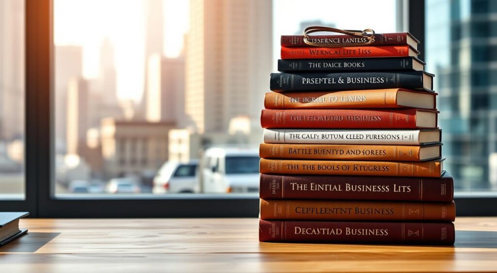 A stack of 10 essential business books arranged on a minimalist wooden desk, illuminated by natural daylight. The books are leather-bound with embossed titles, exuding an aura of sophistication and authority. In the background, a blurred cityscape suggests the urban setting where an entrepreneur would find inspiration. The overall composition conveys a sense of focus, knowledge, and the promise of professional growth. A stack of 10 essential business books arranged on a minimalist wooden desk, illuminated by natural daylight. The books are leather-bound with embossed titles, exuding an aura of sophistication and authority. In the background, a blurred cityscape suggests the urban setting where an entrepreneur would find inspiration. The overall composition conveys a sense of focus, knowledge, and the promise of professional growth.