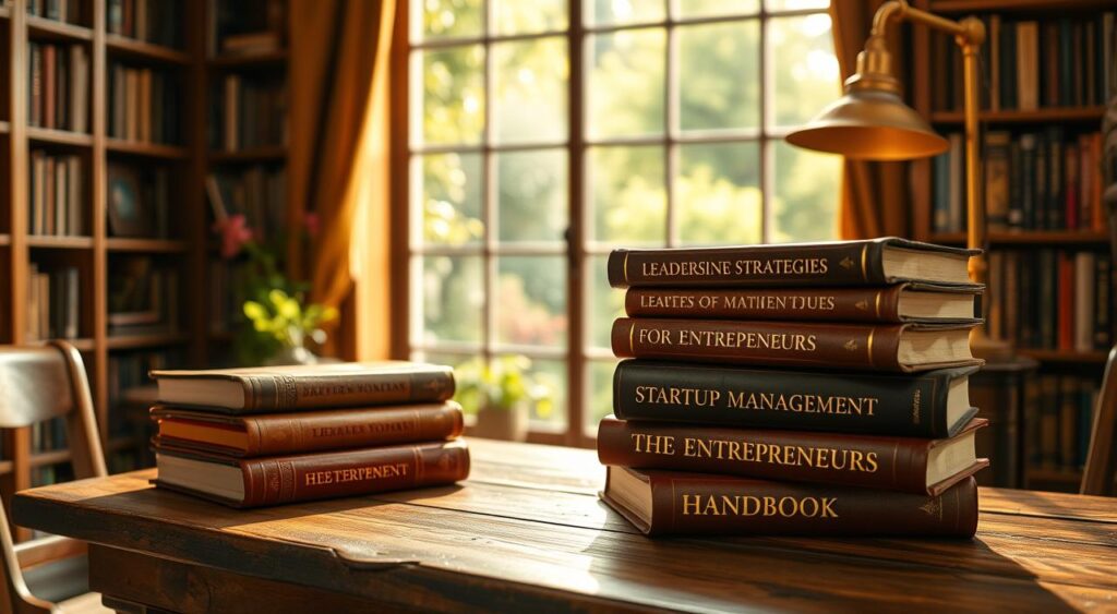 A stack of well-worn leather-bound books sits on a weathered wooden table, bathed in warm golden light. The books' spines feature titles in embossed gold lettering - "Leadership Strategies for Entrepreneurs", "Startup Management", "The Entrepreneur's Handbook". The table is positioned in a cozy study, bookshelves lining the walls, a large window overlooking a lush, verdant garden. A brass desk lamp casts a soft glow, creating an atmosphere of contemplation and inspiration. The overall scene conveys a sense of wisdom, experience, and the pursuit of entrepreneurial excellence. A stack of well-worn leather-bound books sits on a weathered wooden table, bathed in warm golden light. The books' spines feature titles in embossed gold lettering - "Leadership Strategies for Entrepreneurs", "Startup Management", "The Entrepreneur's Handbook". The table is positioned in a cozy study, bookshelves lining the walls, a large window overlooking a lush, verdant garden. A brass desk lamp casts a soft glow, creating an atmosphere of contemplation and inspiration. The overall scene conveys a sense of wisdom, experience, and the pursuit of entrepreneurial excellence.