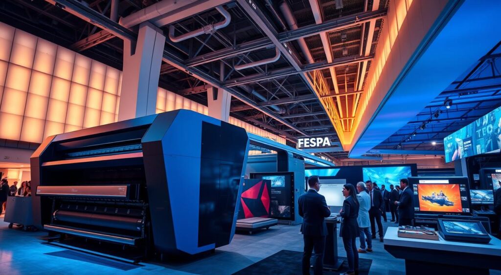 A vibrant and futuristic scene of the FESPA Digital Printing 2025 exhibition. In the foreground, a large, sleek digital printing press dominates the space, its intricate machinery and sharp edges casting dynamic shadows. In the middle ground, a group of attendees in business attire examines the latest printing technologies, their faces illuminated by the glow of high-resolution displays. The background reveals a vast, modern exhibition hall with high ceilings and avant-garde architectural details, bathed in a warm, diffused lighting that creates a sense of innovation and technological progress. The atmosphere is one of excitement, innovation, and the promise of a future where digital printing pushes the boundaries of what is possible. A vibrant and futuristic scene of the FESPA Digital Printing 2025 exhibition. In the foreground, a large, sleek digital printing press dominates the space, its intricate machinery and sharp edges casting dynamic shadows. In the middle ground, a group of attendees in business attire examines the latest printing technologies, their faces illuminated by the glow of high-resolution displays. The background reveals a vast, modern exhibition hall with high ceilings and avant-garde architectural details, bathed in a warm, diffused lighting that creates a sense of innovation and technological progress. The atmosphere is one of excitement, innovation, and the promise of a future where digital printing pushes the boundaries of what is possible.