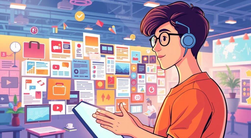A vibrant digital illustration showcasing the benefits of pre-made content for affiliates. In the foreground, a person is seen effortlessly accessing a range of diverse digital assets, including eye-catching graphics, informative articles, and engaging videos. The middle ground features a collage of these pre-crafted materials, each contributing to a cohesive and visually appealing marketing toolkit. The background depicts a bustling online marketplace, with affiliate marketers and content creators collaborating seamlessly. The overall scene is illuminated by a warm, inviting color palette, conveying the efficiency, versatility, and profitability of utilizing pre-made content to drive affiliate sales. plr para Afiliados