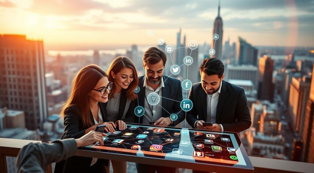 A vibrant digital landscape with a central focus on social media strategies for digital businesses. In the foreground, a group of diverse entrepreneurs collaborating on a sleek touchscreen display, their expressions animated as they discuss growth tactics. The middle ground features a network of interconnected social media platforms, their logos and iconography pulsing with energy. In the background, a cityscape of skyscrapers and bustling streets, suggesting the scale and reach of the digital world. Warm lighting casts a professional, yet inviting atmosphere, while a shallow depth of field draws the viewer's attention to the central figures. The overall composition conveys the power of social media to propel digital businesses towards success. A vibrant digital landscape with a central focus on social media strategies for digital businesses. In the foreground, a group of diverse entrepreneurs collaborating on a sleek touchscreen display, their expressions animated as they discuss growth tactics. The middle ground features a network of interconnected social media platforms, their logos and iconography pulsing with energy. In the background, a cityscape of skyscrapers and bustling streets, suggesting the scale and reach of the digital world. Warm lighting casts a professional, yet inviting atmosphere, while a shallow depth of field draws the viewer's attention to the central figures. The overall composition conveys the power of social media to propel digital businesses towards success.