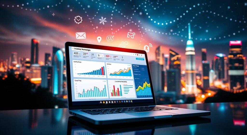 A vibrant digital marketing scene with a dynamic array of strategies and techniques. In the foreground, a laptop displays a visually engaging analytics dashboard, showcasing key performance metrics and insights. The middle ground features icons and symbols representing various digital marketing channels - social media, email, search engine optimization, and content marketing. In the background, a glowing cityscape with futuristic architecture and a night sky filled with stars, symbolizing the vast potential and global reach of digital marketing. The overall atmosphere is one of innovation, data-driven decision making, and a sense of endless possibilities for driving sales and business growth. A vibrant digital marketing scene with a dynamic array of strategies and techniques. In the foreground, a laptop displays a visually engaging analytics dashboard, showcasing key performance metrics and insights. The middle ground features icons and symbols representing various digital marketing channels - social media, email, search engine optimization, and content marketing. In the background, a glowing cityscape with futuristic architecture and a night sky filled with stars, symbolizing the vast potential and global reach of digital marketing. The overall atmosphere is one of innovation, data-driven decision making, and a sense of endless possibilities for driving sales and business growth.