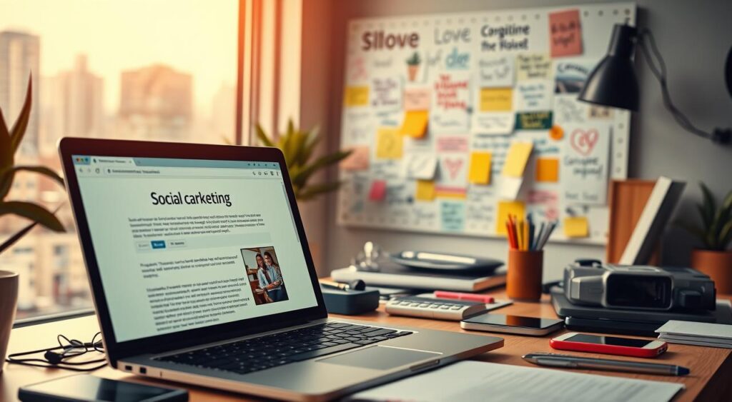 A vibrant scene of social media marketing and digital copywriting. In the foreground, a stylish laptop displaying a web page with engaging copy and visuals. Surrounding it, various mobile devices and office accessories create a dynamic workspace. Soft, natural lighting from a nearby window bathes the scene in a warm, inviting glow. In the middle ground, an inspirational mood board filled with colorful notes, sketches, and inspirational quotes. The background features a blurred city skyline, hinting at the digital landscape in which this creative process takes place. The overall atmosphere is one of productivity, innovation, and a keen focus on crafting compelling online content. A vibrant scene of social media marketing and digital copywriting. In the foreground, a stylish laptop displaying a web page with engaging copy and visuals. Surrounding it, various mobile devices and office accessories create a dynamic workspace. Soft, natural lighting from a nearby window bathes the scene in a warm, inviting glow. In the middle ground, an inspirational mood board filled with colorful notes, sketches, and inspirational quotes. The background features a blurred city skyline, hinting at the digital landscape in which this creative process takes place. The overall atmosphere is one of productivity, innovation, and a keen focus on crafting compelling online content.