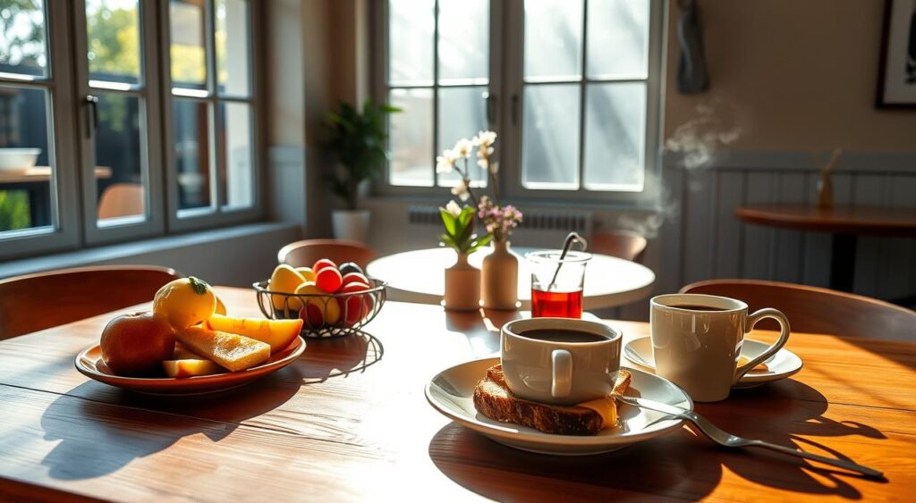 A well-lit, cozy café scene with a wooden table set for an ideal productive breakfast. In the foreground, a delicious spread of fresh fruits, whole grain toast, eggs benedict, and a steaming cup of aromatic coffee. Sunlight streams in through large windows, casting a warm glow on the scene. In the middle ground, a few tasteful potted plants and a simple vase of flowers add a touch of natural beauty. The background features a minimalist yet charming interior design, with clean lines and muted tones that create a serene, focused atmosphere. The overall mood is one of calm, nourishment, and inspiration - the perfect setting to kickstart a productive daily routine. A well-lit, cozy café scene with a wooden table set for an ideal productive breakfast. In the foreground, a delicious spread of fresh fruits, whole grain toast, eggs benedict, and a steaming cup of aromatic coffee. Sunlight streams in through large windows, casting a warm glow on the scene. In the middle ground, a few tasteful potted plants and a simple vase of flowers add a touch of natural beauty. The background features a minimalist yet charming interior design, with clean lines and muted tones that create a serene, focused atmosphere. The overall mood is one of calm, nourishment, and inspiration - the perfect setting to kickstart a productive daily routine.