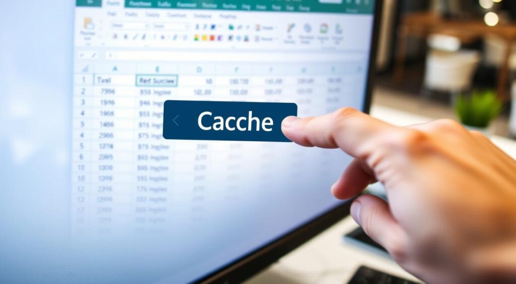 A well-lit, high-angle shot of a computer screen displaying an Excel spreadsheet with a clear "Cache" button or option prominently featured. The foreground shows the Excel interface with a hand cursor hovering over the "Cache" function, suggesting an active cleaning process. The middle ground depicts the Excel window occupying a significant portion of the frame, with a sense of depth and focus on the relevant UI elements. The background subtly blurs out to suggest a professional office environment, with hints of office furniture or decor visible. The overall mood is one of efficiency, productivity, and a practical approach to optimizing Excel performance. A well-lit, high-angle shot of a computer screen displaying an Excel spreadsheet with a clear "Cache" button or option prominently featured. The foreground shows the Excel interface with a hand cursor hovering over the "Cache" function, suggesting an active cleaning process. The middle ground depicts the Excel window occupying a significant portion of the frame, with a sense of depth and focus on the relevant UI elements. The background subtly blurs out to suggest a professional office environment, with hints of office furniture or decor visible. The overall mood is one of efficiency, productivity, and a practical approach to optimizing Excel performance.