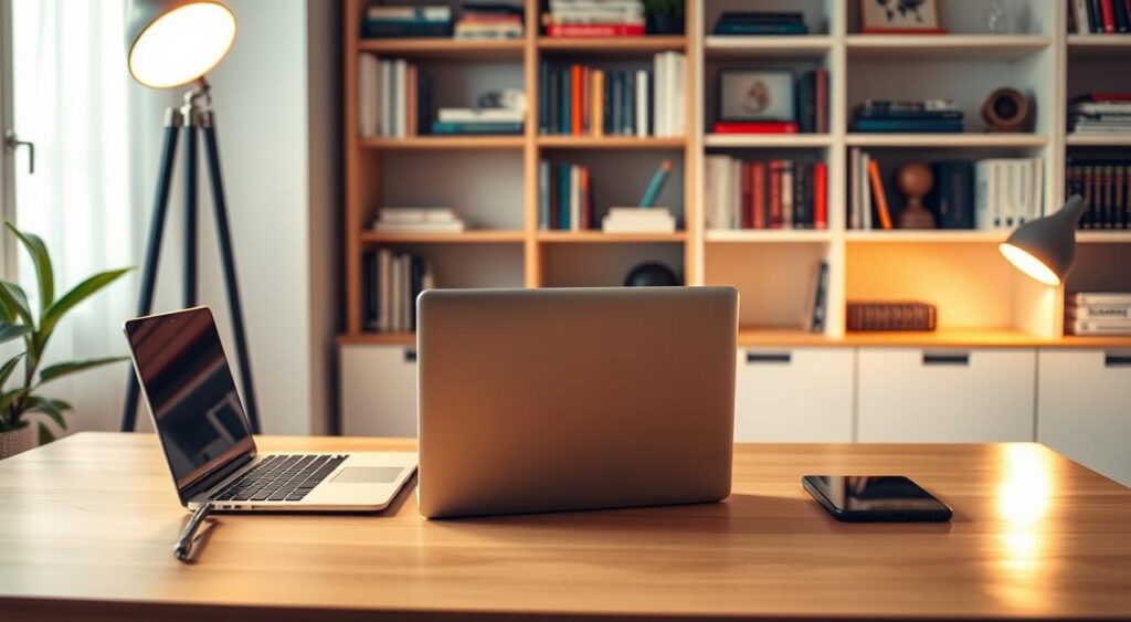 A well-lit, modern home office setup with a laptop, tablet, and smartphone on a clean, minimalist wooden desk. In the background, shelves display various dropshipping-related books and resources. Subtle lighting from a floor lamp casts a warm, focused glow on the desk. The overall atmosphere is one of productivity, organization, and a sense of entrepreneurial ambition to build a successful dropshipping business. A well-lit, modern home office setup with a laptop, tablet, and smartphone on a clean, minimalist wooden desk. In the background, shelves display various dropshipping-related books and resources. Subtle lighting from a floor lamp casts a warm, focused glow on the desk. The overall atmosphere is one of productivity, organization, and a sense of entrepreneurial ambition to build a successful dropshipping business.