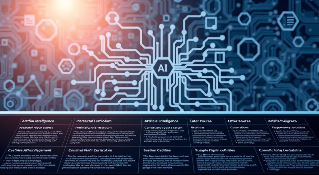 A well-structured course on Artificial Intelligence, showcasing a modern, sleek layout with clear section divisions. The foreground highlights the course curriculum, arranged in a clean grid layout with distinct modules and topics. The middle ground features an elegant wireframe schematic, outlining the flow and interconnectivity of the course material. The background carries a subtle technical ambiance, with a backdrop of circuit diagrams and data visualizations, evoking the scientific principles underlying AI. Soft, directional lighting casts a professional, authoritative tone, while a slightly low camera angle conveys a sense of depth and importance. The overall impression is one of a comprehensive, expertly crafted AI training program. A well-structured course on Artificial Intelligence, showcasing a modern, sleek layout with clear section divisions. The foreground highlights the course curriculum, arranged in a clean grid layout with distinct modules and topics. The middle ground features an elegant wireframe schematic, outlining the flow and interconnectivity of the course material. The background carries a subtle technical ambiance, with a backdrop of circuit diagrams and data visualizations, evoking the scientific principles underlying AI. Soft, directional lighting casts a professional, authoritative tone, while a slightly low camera angle conveys a sense of depth and importance. The overall impression is one of a comprehensive, expertly crafted AI training program.