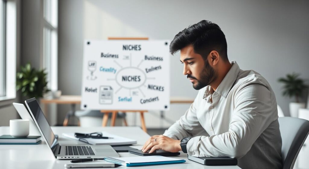 An image of a person sitting at a desk, contemplating different business ideas and options. In the foreground, the person is focused, with a thoughtful expression, surrounded by various digital devices and stationery. In the middle ground, a whiteboard or notebook displays different niches and business concepts, representing the decision-making process. The background features a minimalist, modern office setting, with clean lines and natural light filtering in through large windows, creating a calm and productive atmosphere. The overall tone conveys a sense of focus, deliberation, and the excitement of exploring new entrepreneurial possibilities. An image of a person sitting at a desk, contemplating different business ideas and options. In the foreground, the person is focused, with a thoughtful expression, surrounded by various digital devices and stationery. In the middle ground, a whiteboard or notebook displays different niches and business concepts, representing the decision-making process. The background features a minimalist, modern office setting, with clean lines and natural light filtering in through large windows, creating a calm and productive atmosphere. The overall tone conveys a sense of focus, deliberation, and the excitement of exploring new entrepreneurial possibilities.