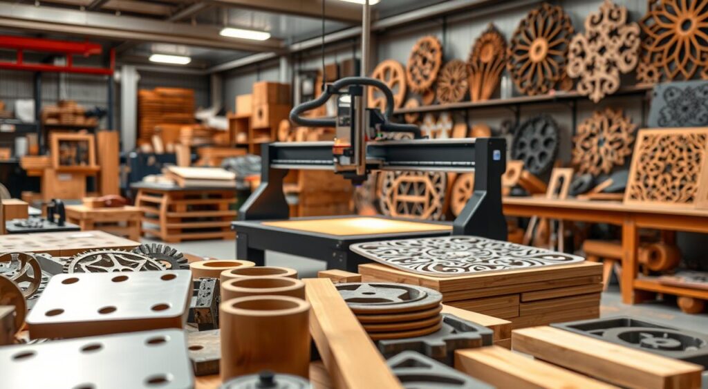 An industrial laser cutting workshop, with a well-lit workspace and various metal and wood components in the foreground. In the middle ground, a high-precision CNC laser cutter is in operation, precisely cutting intricate patterns into a range of materials. The background showcases finished industrial and decorative products, highlighting the versatility and quality of the laser cutting process. The overall scene conveys a sense of technological expertise, efficiency, and the diverse industrial and artisanal applications of laser cutting. An industrial laser cutting workshop, with a well-lit workspace and various metal and wood components in the foreground. In the middle ground, a high-precision CNC laser cutter is in operation, precisely cutting intricate patterns into a range of materials. The background showcases finished industrial and decorative products, highlighting the versatility and quality of the laser cutting process. The overall scene conveys a sense of technological expertise, efficiency, and the diverse industrial and artisanal applications of laser cutting.