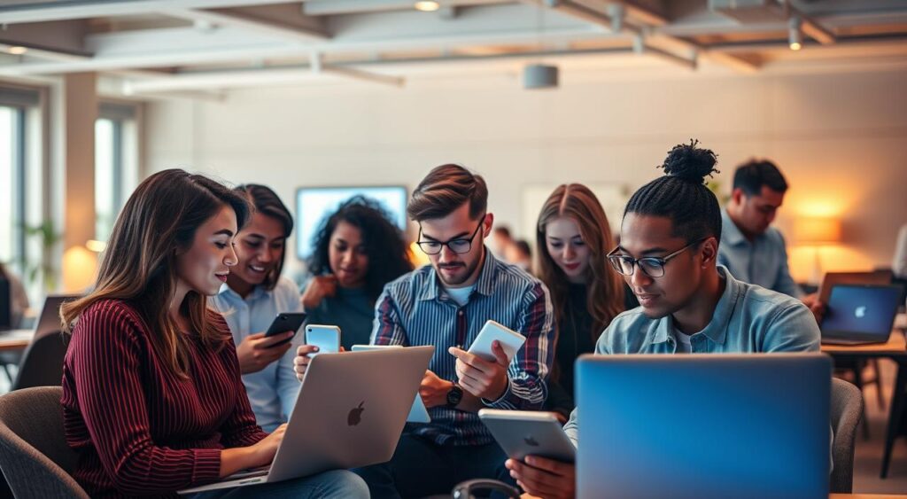 An open-plan office setting with people of diverse ages and backgrounds deeply immersed in using various social media platforms on their laptops and smartphones. The scene is bathed in warm, diffused lighting, creating a sense of productivity and collaboration. In the foreground, a group of coworkers are engaged in lively discussions, sharing content and ideas. In the middle ground, individuals are intently typing and scrolling, their expressions reflecting a mix of focus and curiosity. The background features a minimalist, modern décor with clean lines and muted colors, complementing the digital-centric atmosphere. The overall mood conveys the seamless integration of social media into the professional landscape, reflecting the evolving trends in marketing and business management. An open-plan office setting with people of diverse ages and backgrounds deeply immersed in using various social media platforms on their laptops and smartphones. The scene is bathed in warm, diffused lighting, creating a sense of productivity and collaboration. In the foreground, a group of coworkers are engaged in lively discussions, sharing content and ideas. In the middle ground, individuals are intently typing and scrolling, their expressions reflecting a mix of focus and curiosity. The background features a minimalist, modern décor with clean lines and muted colors, complementing the digital-centric atmosphere. The overall mood conveys the seamless integration of social media into the professional landscape, reflecting the evolving trends in marketing and business management.