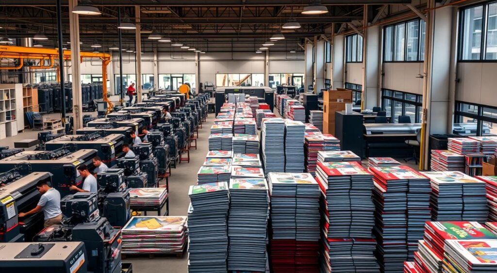 Desafios no mercado de sublimação: a bustling factory floor, filled with vibrant colors and intricate machinery. In the foreground, workers carefully operate high-tech printing presses, their concentration evident as they produce custom-designed products. The middle ground showcases towering stacks of newly printed material, ready for packaging and distribution. In the background, a sleek, modern office space, where executives strategize to overcome market challenges, exploring innovative techniques and technologies to stay ahead of the competition. Warm industrial lighting sets the mood, casting dramatic shadows and highlighting the dynamic energy of this thriving industry. Desafios no mercado de sublimação: a bustling factory floor, filled with vibrant colors and intricate machinery. In the foreground, workers carefully operate high-tech printing presses, their concentration evident as they produce custom-designed products. The middle ground showcases towering stacks of newly printed material, ready for packaging and distribution. In the background, a sleek, modern office space, where executives strategize to overcome market challenges, exploring innovative techniques and technologies to stay ahead of the competition. Warm industrial lighting sets the mood, casting dramatic shadows and highlighting the dynamic energy of this thriving industry.
