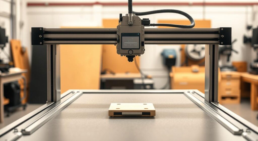 Detailed image of a compact, cost-effective laser cutting machine. Centered in the frame, the laser module sits atop a sturdy, minimalist frame with precise linear guides. In the foreground, an open work area with a small platform for holding materials. Soft, ambient lighting illuminates the machine's simple, functional design. In the background, a clean, industrial-style workshop setting with neutral tones and subtle hints of machinery. Convey a sense of efficiency, reliability, and accessibility for the home or small business CNC enthusiast. Detailed image of a compact, cost-effective laser cutting machine. Centered in the frame, the laser module sits atop a sturdy, minimalist frame with precise linear guides. In the foreground, an open work area with a small platform for holding materials. Soft, ambient lighting illuminates the machine's simple, functional design. In the background, a clean, industrial-style workshop setting with neutral tones and subtle hints of machinery. Convey a sense of efficiency, reliability, and accessibility for the home or small business CNC enthusiast.