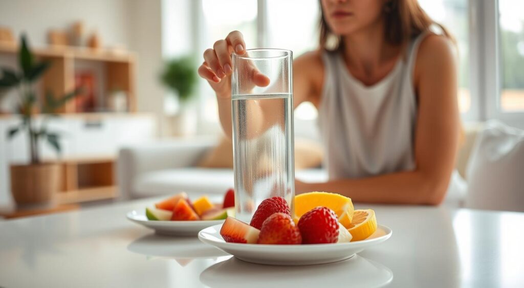 Morning hydration for a productive routine. A bright and airy scene depicting a person's morning routine. In the foreground, a glass of water and a plate of fresh fruit on a minimalist white table. In the middle ground, the person's hands reaching for the water, their face partially visible, conveying a sense of focus and intentionality. The background is blurred, suggesting an organized and serene living space, with natural light filtering in through large windows. The overall mood is calm, refreshing, and conducive to a productive start to the day. Morning hydration for a productive routine. A bright and airy scene depicting a person's morning routine. In the foreground, a glass of water and a plate of fresh fruit on a minimalist white table. In the middle ground, the person's hands reaching for the water, their face partially visible, conveying a sense of focus and intentionality. The background is blurred, suggesting an organized and serene living space, with natural light filtering in through large windows. The overall mood is calm, refreshing, and conducive to a productive start to the day.