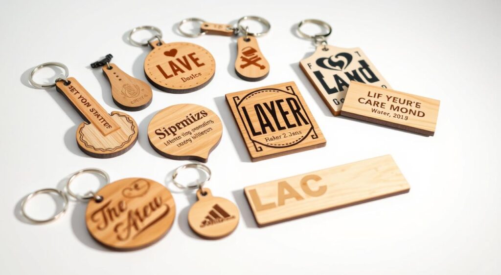 Prompt A well-lit, high-quality close-up shot of a variety of personalized laser-cut products, including wooden keychains, engraved coasters, and customized plaques. The items are arranged artistically on a clean, minimalist white background, showcasing their intricate designs and craftsmanship. The lighting is soft and diffused, creating a warm, inviting atmosphere that highlights the natural textures and details of the materials. The composition is balanced, with the products taking center stage and the background providing a clean, uncluttered canvas to showcase their unique, personalized features. Prompt A well-lit, high-quality close-up shot of a variety of personalized laser-cut products, including wooden keychains, engraved coasters, and customized plaques. The items are arranged artistically on a clean, minimalist white background, showcasing their intricate designs and craftsmanship. The lighting is soft and diffused, creating a warm, inviting atmosphere that highlights the natural textures and details of the materials. The composition is balanced, with the products taking center stage and the background providing a clean, uncluttered canvas to showcase their unique, personalized features.