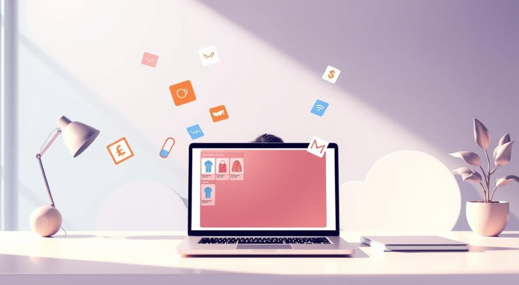 Vivid illustration of the advantages of dropshipping, set in a modern, minimalist workspace. In the foreground, a laptop displays an e-commerce platform, with various product icons floating around it. In the middle ground, a person is seated, contemplating the business opportunities. The background features clean, geometric shapes in soothing colors, evoking a sense of efficiency and profitability. Soft, directional lighting emphasizes the key elements, creating a polished, professional atmosphere. The overall scene conveys the flexibility, low startup costs, and scalability that make dropshipping an attractive business model. Vivid illustration of the advantages of dropshipping, set in a modern, minimalist workspace. In the foreground, a laptop displays an e-commerce platform, with various product icons floating around it. In the middle ground, a person is seated, contemplating the business opportunities. The background features clean, geometric shapes in soothing colors, evoking a sense of efficiency and profitability. Soft, directional lighting emphasizes the key elements, creating a polished, professional atmosphere. The overall scene conveys the flexibility, low startup costs, and scalability that make dropshipping an attractive business model.