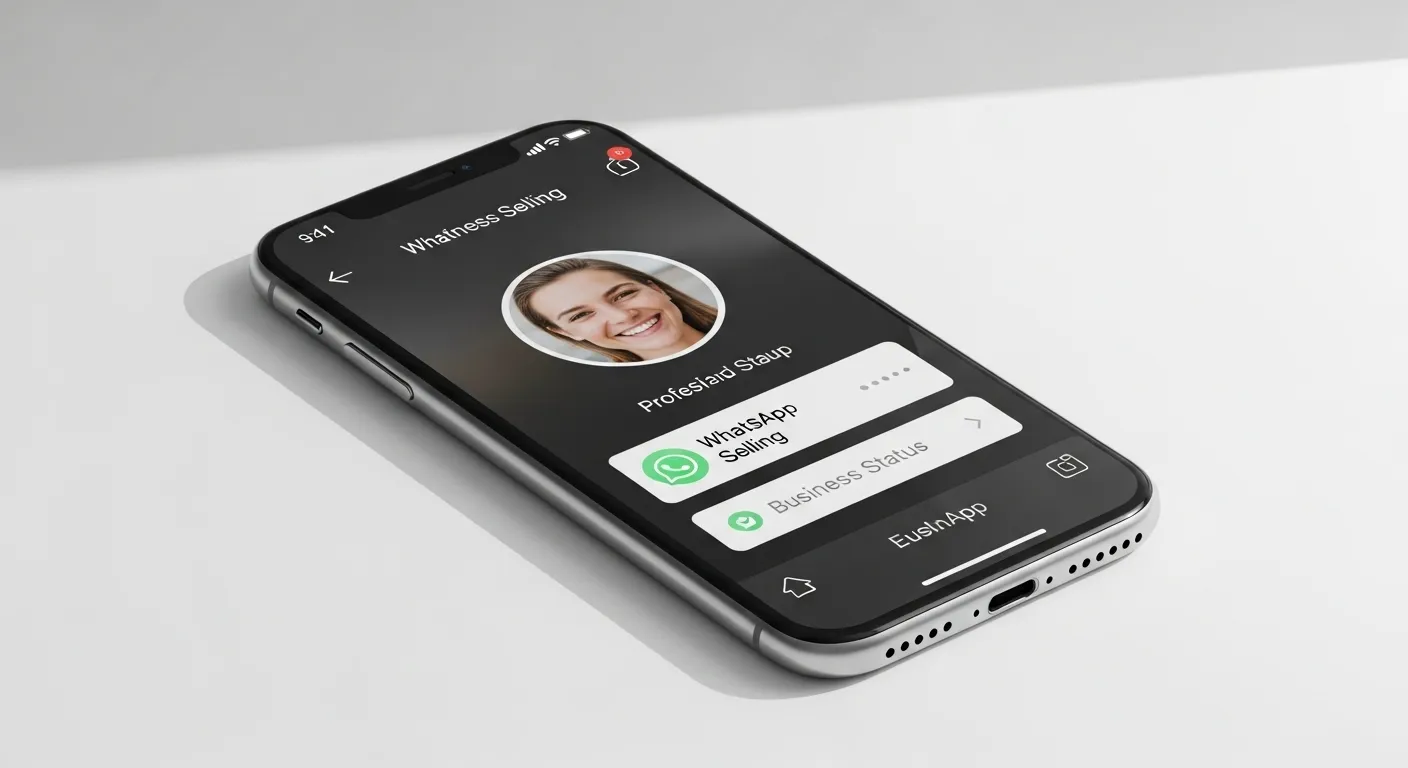 Tela de celular mostrando perfil profissional do WhatsApp configurado para vendas com foto de perfil sorridente e status comercial