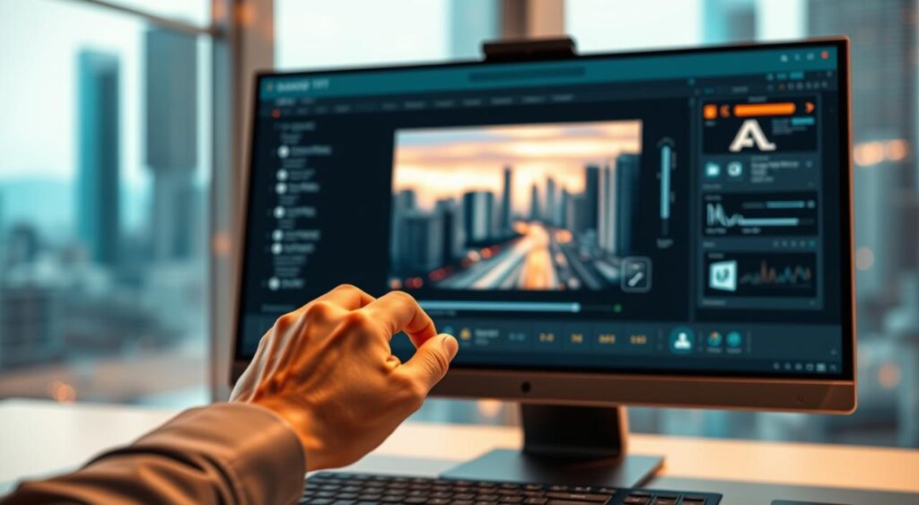 A photorealistic illustration of "geração de imagens com inteligência artificial", showcasing a modern, sleek computer screen displaying an AI-generated image. In the foreground, a human hand manipulates various controls and sliders, reflecting the interactive nature of image generation. The background features a blurred cityscape, symbolizing the technological advancements that enable this process. Warm, muted lighting creates a sense of depth and atmosphere, while the composition emphasizes the harmony between human creativity and artificial intelligence. The image conveys the power and potential of AI-driven image generation, aligning with the section title "Visão Geral do ChatGPT e Geração de Imagens". A photorealistic illustration of "geração de imagens com inteligência artificial", showcasing a modern, sleek computer screen displaying an AI-generated image. In the foreground, a human hand manipulates various controls and sliders, reflecting the interactive nature of image generation. The background features a blurred cityscape, symbolizing the technological advancements that enable this process. Warm, muted lighting creates a sense of depth and atmosphere, while the composition emphasizes the harmony between human creativity and artificial intelligence. The image conveys the power and potential of AI-driven image generation, aligning with the section title "Visão Geral do ChatGPT e Geração de Imagens".