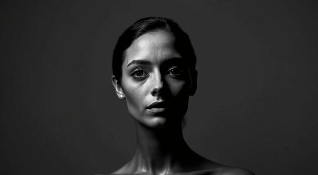 A striking black-and-white portrait set against a plain, subdued backdrop. The subject's face is in sharp focus, illuminated by dramatic chiaroscuro lighting that casts deep shadows and accentuates their refined, pensive expression. The image has a timeless, contemplative quality, inviting the viewer to linger and study the intricate details of the subject's features. The composition is balanced and minimalist, allowing the subject to take center stage and command the viewer's attention. The overall aesthetic evokes the classic style of iconic portrait photographers, creating a sense of elegance and artistic sophistication. A striking black-and-white portrait set against a plain, subdued backdrop. The subject's face is in sharp focus, illuminated by dramatic chiaroscuro lighting that casts deep shadows and accentuates their refined, pensive expression. The image has a timeless, contemplative quality, inviting the viewer to linger and study the intricate details of the subject's features. The composition is balanced and minimalist, allowing the subject to take center stage and command the viewer's attention. The overall aesthetic evokes the classic style of iconic portrait photographers, creating a sense of elegance and artistic sophistication.