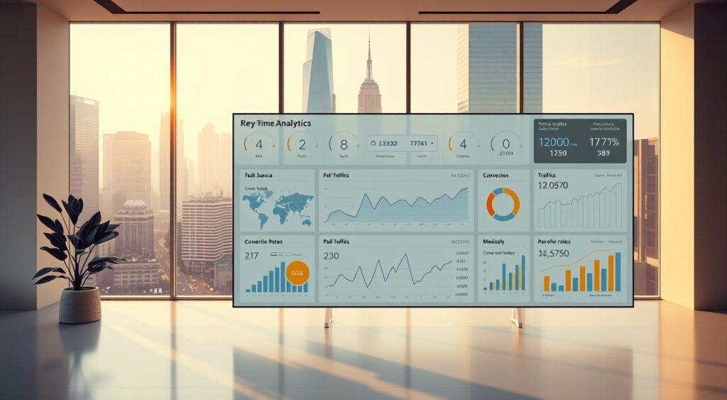 A meticulously crafted dashboard showcasing real-time analytics and key performance indicators for a successful paid traffic campaign. The foreground features a sleek, minimalist interface with intuitive data visualizations, charts, and graphs illustrating traffic sources, conversion rates, and return on investment. The middle ground depicts a serene, modernist office setting with clean lines and a neutral color palette, creating a professional, focused atmosphere. In the background, a cityscape of towering skyscrapers and bustling streets suggests the scale and impact of the paid traffic strategy. The entire scene is bathed in warm, directional lighting that casts subtle shadows, emphasizing the depth and three-dimensionality of the image. The overall mood conveys a sense of precision, control, and the successful measurement of a high-performing paid traffic campaign. A meticulously crafted dashboard showcasing real-time analytics and key performance indicators for a successful paid traffic campaign. The foreground features a sleek, minimalist interface with intuitive data visualizations, charts, and graphs illustrating traffic sources, conversion rates, and return on investment. The middle ground depicts a serene, modernist office setting with clean lines and a neutral color palette, creating a professional, focused atmosphere. In the background, a cityscape of towering skyscrapers and bustling streets suggests the scale and impact of the paid traffic strategy. The entire scene is bathed in warm, directional lighting that casts subtle shadows, emphasizing the depth and three-dimensionality of the image. The overall mood conveys a sense of precision, control, and the successful measurement of a high-performing paid traffic campaign.