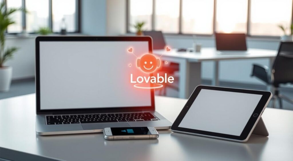 A sleek, minimalist office setup with a laptop, a tablet, and a smartphone in the foreground. The devices are arranged neatly, showcasing their intuitive user interface and seamless integration. In the middle ground, a stylized illustration of the "Lovable" AI assistant hovers, surrounded by a warm, ethereal glow. The background features a modern, open-plan office space with large windows, allowing natural light to flood the scene. The overall mood is one of efficiency, productivity, and the effortless synergy between human and artificial intelligence. A sleek, minimalist office setup with a laptop, a tablet, and a smartphone in the foreground. The devices are arranged neatly, showcasing their intuitive user interface and seamless integration. In the middle ground, a stylized illustration of the "Lovable" AI assistant hovers, surrounded by a warm, ethereal glow. The background features a modern, open-plan office space with large windows, allowing natural light to flood the scene. The overall mood is one of efficiency, productivity, and the effortless synergy between human and artificial intelligence.