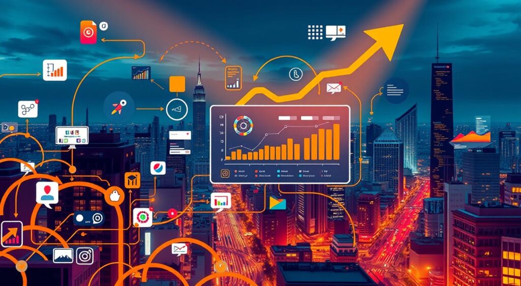 A vibrant, dynamic illustration showcasing the key steps of a paid traffic strategy. In the foreground, an intricate network of arrows, graphs, and icons representing the various tactics and channels - search engine advertising, social media campaigns, retargeting, and more. The midground features a sleek, modern dashboard displaying real-time analytics and performance metrics, conveying the data-driven nature of the strategy. In the background, a cityscape with towering skyscrapers and bustling streets, symbolizing the scale and impact of a successful paid traffic approach. Warm, saturated colors and sharp, high-contrast lighting create an energetic, professional atmosphere, underscoring the power and sophistication of the strategic framework. A vibrant, dynamic illustration showcasing the key steps of a paid traffic strategy. In the foreground, an intricate network of arrows, graphs, and icons representing the various tactics and channels - search engine advertising, social media campaigns, retargeting, and more. The midground features a sleek, modern dashboard displaying real-time analytics and performance metrics, conveying the data-driven nature of the strategy. In the background, a cityscape with towering skyscrapers and bustling streets, symbolizing the scale and impact of a successful paid traffic approach. Warm, saturated colors and sharp, high-contrast lighting create an energetic, professional atmosphere, underscoring the power and sophistication of the strategic framework.