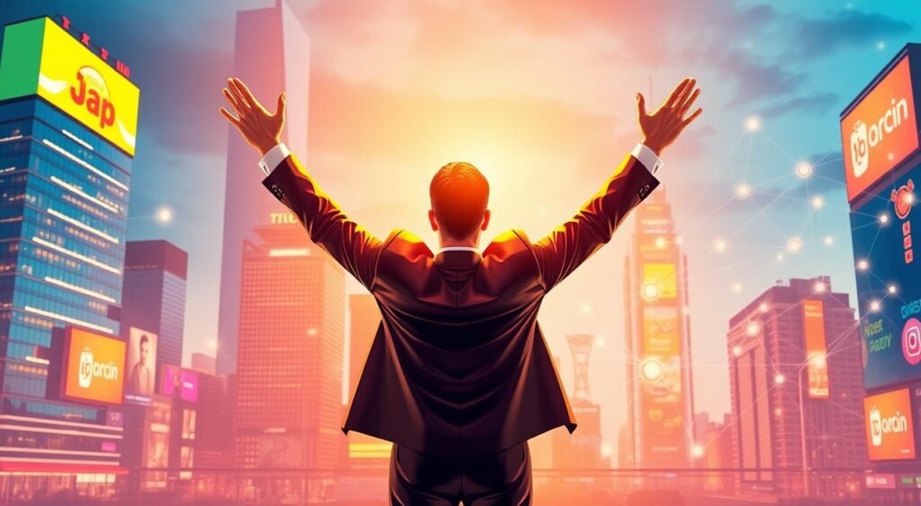 A vibrant, high-resolution digital illustration showcasing the advantages of paid traffic. In the foreground, a businessman stands triumphantly, hands raised, bathed in warm lighting that symbolizes success and prosperity. Behind him, a bustling city skyline with towering skyscrapers and glowing billboards, representing the power and reach of paid advertising channels. In the middle ground, a network of interconnected digital devices and platforms, conveying the targeted, measurable, and scalable nature of modern paid traffic strategies. The overall composition evokes a sense of dynamism, innovation, and the immense potential of leveraging paid traffic to drive business growth. A vibrant, high-resolution digital illustration showcasing the advantages of paid traffic. In the foreground, a businessman stands triumphantly, hands raised, bathed in warm lighting that symbolizes success and prosperity. Behind him, a bustling city skyline with towering skyscrapers and glowing billboards, representing the power and reach of paid advertising channels. In the middle ground, a network of interconnected digital devices and platforms, conveying the targeted, measurable, and scalable nature of modern paid traffic strategies. The overall composition evokes a sense of dynamism, innovation, and the immense potential of leveraging paid traffic to drive business growth.