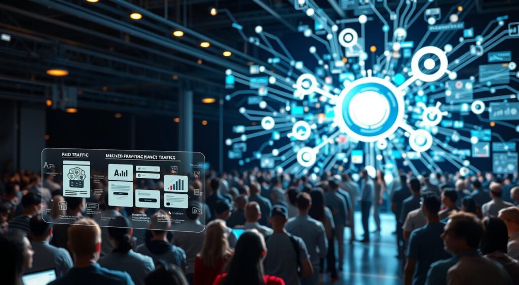 A visually striking scene depicting the mechanics of paid traffic. In the foreground, a glowing digital interface showcases various paid traffic channels - social media ads, search engine marketing, influencer partnerships, and more. The middle ground features a throng of diverse online users, their attention captured by the enticing offers. In the background, a complex web of data analytics and optimization tools shine a spotlight on the underlying systems that drive successful paid traffic campaigns. The lighting is crisp and modern, conveying a sense of technological sophistication. The overall composition has a sleek, futuristic aesthetic, reflecting the dynamic and ever-evolving nature of the paid traffic landscape. A visually striking scene depicting the mechanics of paid traffic. In the foreground, a glowing digital interface showcases various paid traffic channels - social media ads, search engine marketing, influencer partnerships, and more. The middle ground features a throng of diverse online users, their attention captured by the enticing offers. In the background, a complex web of data analytics and optimization tools shine a spotlight on the underlying systems that drive successful paid traffic campaigns. The lighting is crisp and modern, conveying a sense of technological sophistication. The overall composition has a sleek, futuristic aesthetic, reflecting the dynamic and ever-evolving nature of the paid traffic landscape.