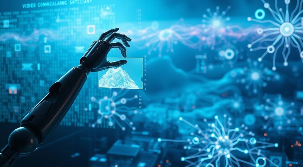 An abstract and futuristic rendering of artificial intelligence creating a video. In the foreground, a sleek, metallic robotic arm gracefully manipulates holographic video elements, shaping and manipulating them with precision. The middle ground features a matrix of data streams and code, pulsing with energy and intelligence. In the background, a vast, ethereal landscape of interconnected neurons and neural networks, hinting at the vast computational power and complexity underlying video creation. Dramatic chiaroscuro lighting casts dramatic shadows, conveying a sense of technological power and potential. The scene is bathed in a cool, futuristic color palette, evoking a sense of innovation and the limitless possibilities of AI-driven video production. An abstract and futuristic rendering of artificial intelligence creating a video. In the foreground, a sleek, metallic robotic arm gracefully manipulates holographic video elements, shaping and manipulating them with precision. The middle ground features a matrix of data streams and code, pulsing with energy and intelligence. In the background, a vast, ethereal landscape of interconnected neurons and neural networks, hinting at the vast computational power and complexity underlying video creation. Dramatic chiaroscuro lighting casts dramatic shadows, conveying a sense of technological power and potential. The scene is bathed in a cool, futuristic color palette, evoking a sense of innovation and the limitless possibilities of AI-driven video production.