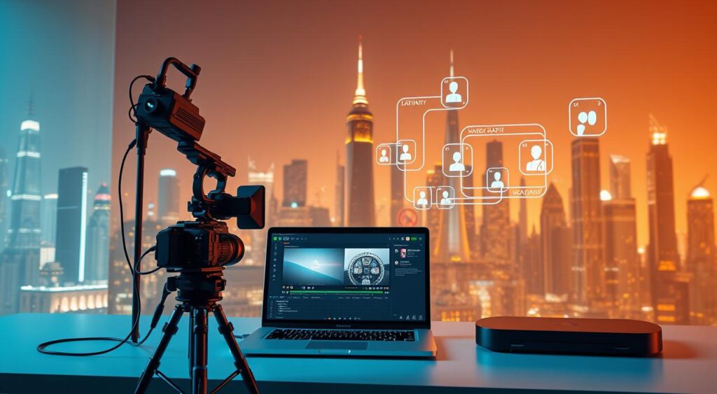 An elegant 3D rendered scene showcasing the fundamental aspects of AI-powered video creation. In the foreground, a sleek, minimalist video production setup with a professional-grade camera, lighting equipment, and a laptop displaying an AI video editing interface. In the middle ground, holographic AI assistants guide the user through the video creation process, providing real-time feedback and suggestions. The background depicts a futuristic cityscape, with towering skyscrapers and glowing, technological details, symbolizing the integration of AI into our daily lives. The scene is bathed in a warm, cinematic lighting, creating a sense of innovation, efficiency, and the seamless fusion of human and machine. An elegant 3D rendered scene showcasing the fundamental aspects of AI-powered video creation. In the foreground, a sleek, minimalist video production setup with a professional-grade camera, lighting equipment, and a laptop displaying an AI video editing interface. In the middle ground, holographic AI assistants guide the user through the video creation process, providing real-time feedback and suggestions. The background depicts a futuristic cityscape, with towering skyscrapers and glowing, technological details, symbolizing the integration of AI into our daily lives. The scene is bathed in a warm, cinematic lighting, creating a sense of innovation, efficiency, and the seamless fusion of human and machine.