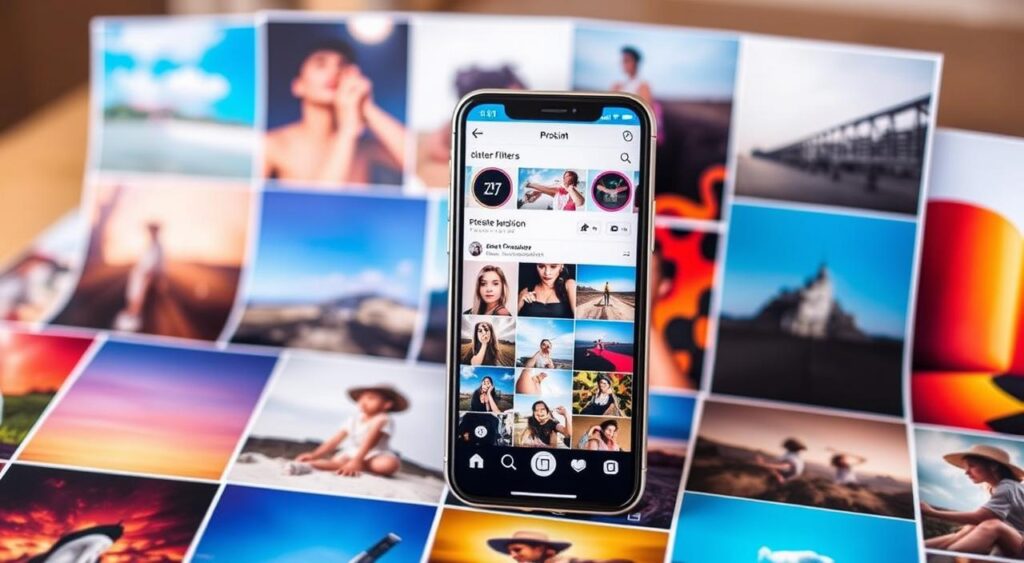 A beautifully curated Instagram feed, the foreground showcasing an array of vibrant, expertly-applied Instagram filters. In the middle ground, a smartphone display showcasing the filter selection and editing tools, highlighting the versatility and precision of the platform. The background gently blurred, drawing the eye towards the central focus - the striking visual impact of the filtered images. Soft, flattering lighting illuminates the scene, creating a polished, professional aesthetic. The overall mood is one of curation, creativity, and the seamless integration of digital tools to enhance the visual storytelling of an Instagram feed.