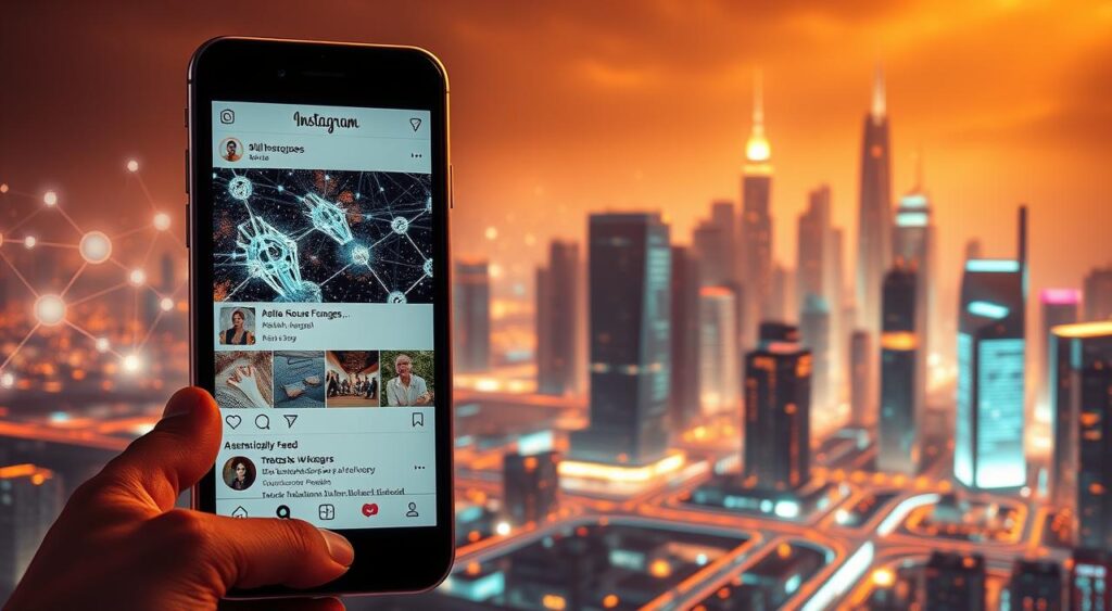 A captivating illustration of the Instagram algorithm's inner workings. In the foreground, a smartphone displays the Instagram feed, its layout and content dynamically shifting, reflecting the algorithm's complex decision-making. In the middle ground, a series of interconnected nodes and pathways visualize the data processing and user behavior analysis that drive the algorithm. The background depicts a futuristic cityscape, with towering data centers and glowing lines of code, symbolizing the scale and technological sophistication powering the social network. Warm lighting casts a pensive, contemplative mood, inviting the viewer to ponder the hidden mechanisms shaping their online experience.