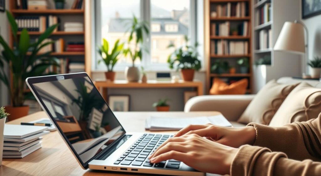 A cozy, well-lit home office with a comfortable desk, a laptop, and a stack of documents. In the foreground, a person's hands are typing on the keyboard, showcasing the requirements for monetization on the Kwai platform, such as a certain number of followers, engagement rate, and content quality. The background features bookshelves, potted plants, and a warm, inviting atmosphere, suggesting the potential for financial success and growth through the Kwai platform. A cozy, well-lit home office with a comfortable desk, a laptop, and a stack of documents. In the foreground, a person's hands are typing on the keyboard, showcasing the requirements for monetization on the Kwai platform, such as a certain number of followers, engagement rate, and content quality. The background features bookshelves, potted plants, and a warm, inviting atmosphere, suggesting the potential for financial success and growth through the Kwai platform.