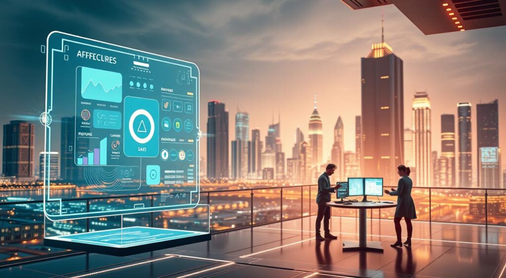 A futuristic scene depicting the development of a SaaS (Software as a Service) platform using artificial intelligence. In the foreground, a sleek, minimalist user interface hovers in a holographic display, showcasing various AI-powered features. In the middle ground, a team of data scientists and engineers collaborates at a gleaming workspace, surrounded by visualization screens and complex algorithms. In the background, a city skyline with towering skyscrapers and a vibrant, high-tech atmosphere creates a sense of innovation and progress. The lighting is a warm, ambient glow, casting a subtle, futuristic ambiance. The overall scene conveys the power of AI in revolutionizing the SaaS industry, with a focus on efficiency, innovation, and cutting-edge technology.