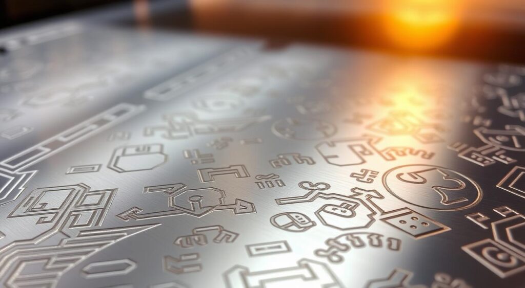 A high-quality metal surface with a durable laser-etched pattern. The foreground showcases intricate lines and shapes, with a polished finish that reflects the surrounding environment. The middle ground features a subdued, uniform background, allowing the laser-etched details to stand out. Subtle warm lighting casts a gentle glow, highlighting the depth and texture of the engraved design. The overall atmosphere conveys a sense of precision, craftsmanship, and the lasting quality of the laser-engraved metal. A high-quality metal surface with a durable laser-etched pattern. The foreground showcases intricate lines and shapes, with a polished finish that reflects the surrounding environment. The middle ground features a subdued, uniform background, allowing the laser-etched details to stand out. Subtle warm lighting casts a gentle glow, highlighting the depth and texture of the engraved design. The overall atmosphere conveys a sense of precision, craftsmanship, and the lasting quality of the laser-engraved metal.